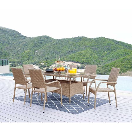 MANHATTAN COMFORT Genoa 7-Pc Steel Rectangle Glass Top Outdoor Dining Table & 6 Armchairs, No Cushions in Nature Weave OD-DS002-NE